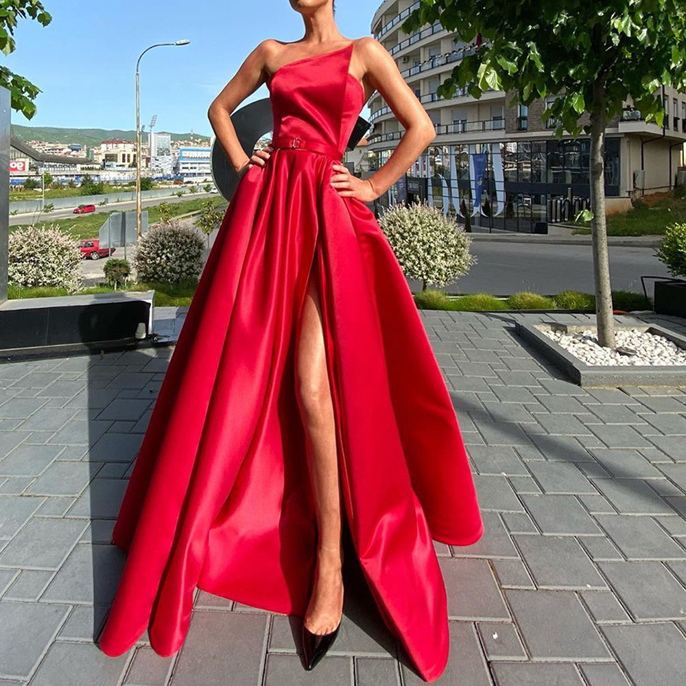 Satin Ruffles One-Shoulder Sleeveless Floor-Length Dress