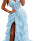 Applique Lace V-neck Tulle Sweep Train Prom Dress