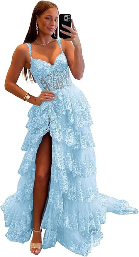 Applique Lace V-neck Tulle Sweep Train Prom Dress