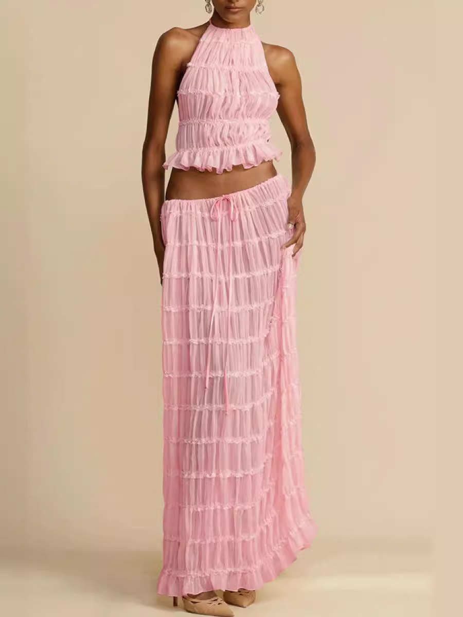 Pleated Drawstring Waist Tiered Maxi Skirt Set