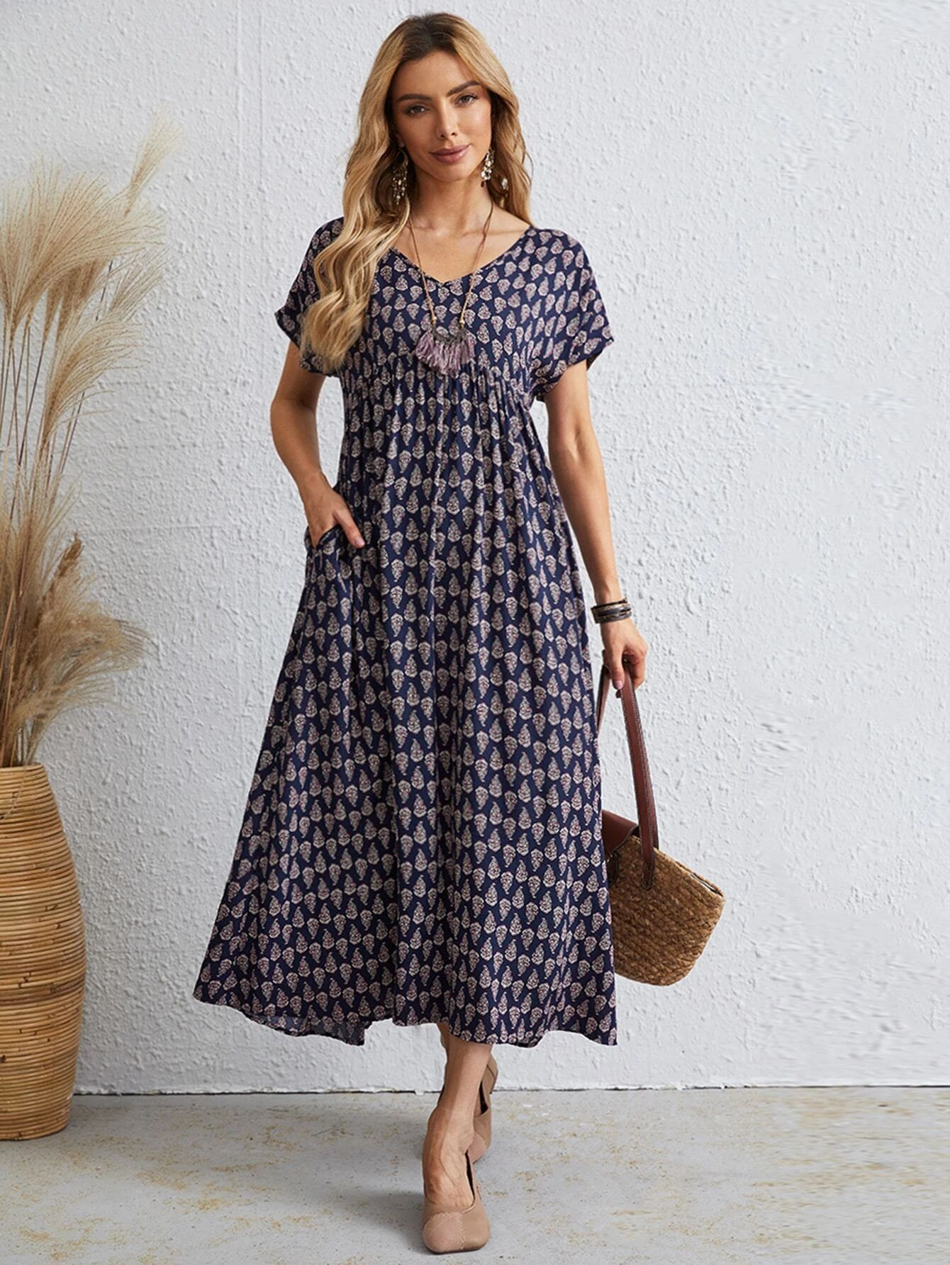 Printed V Neck Short Sleeves A-Line Dress