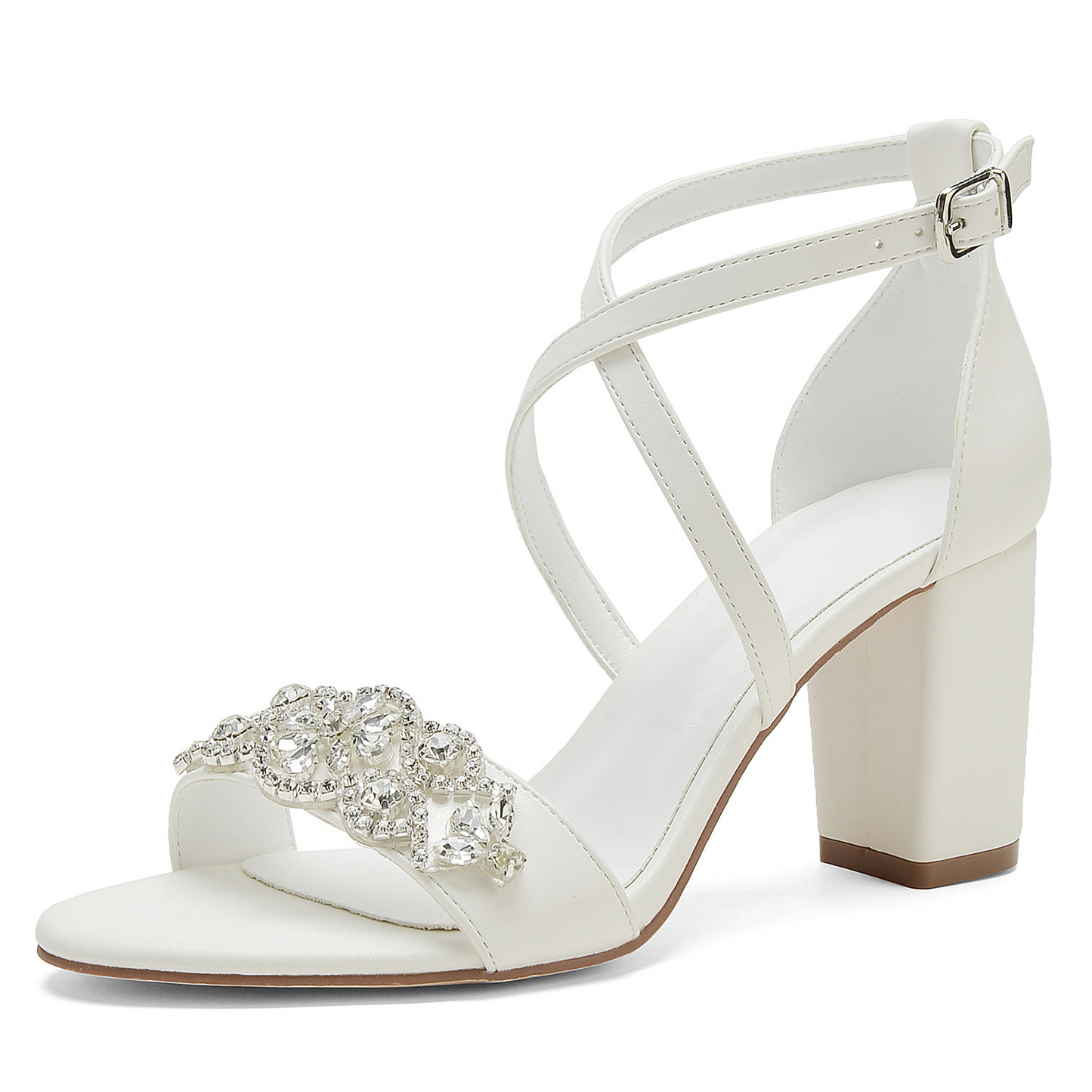 White Open Toe Rhinestone Detail Thick Heel Sandals