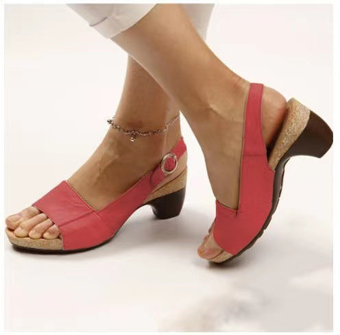 Retro Solid Simple Open Toe Chunky Heel Sandals