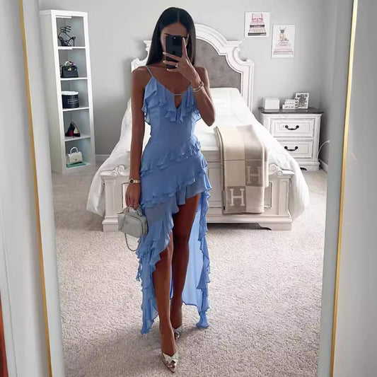 Can't Escape Love Chiffon Layered Ruffle Irregular Slit Maxi Dress