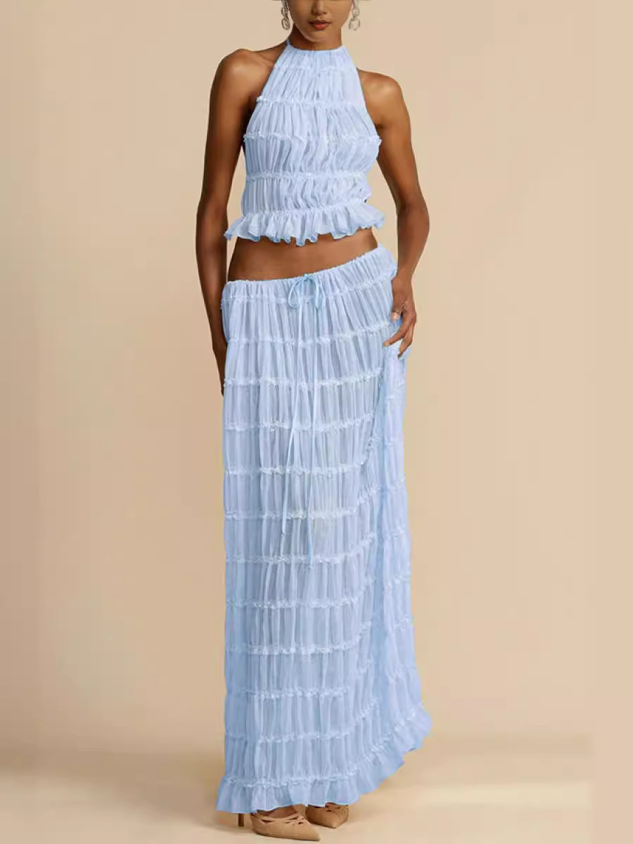 Pleated Drawstring Waist Tiered Maxi Skirt Set