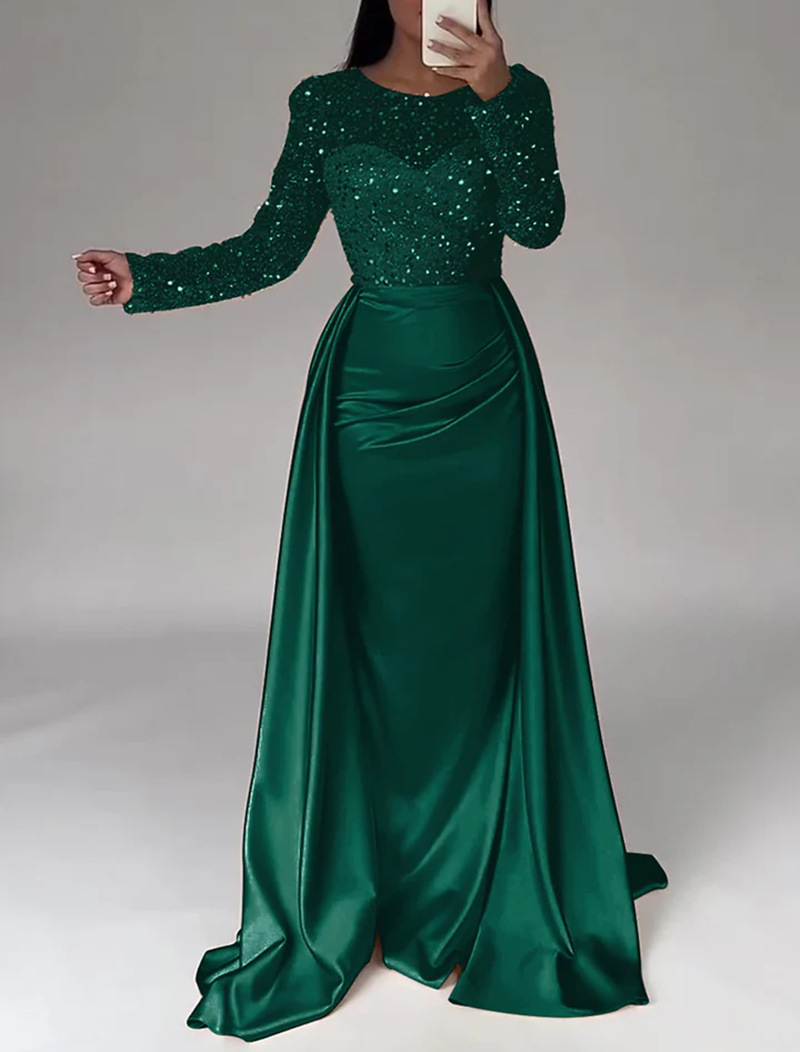 Sparkly Sequined Long Sleeves Satin Prom Dress