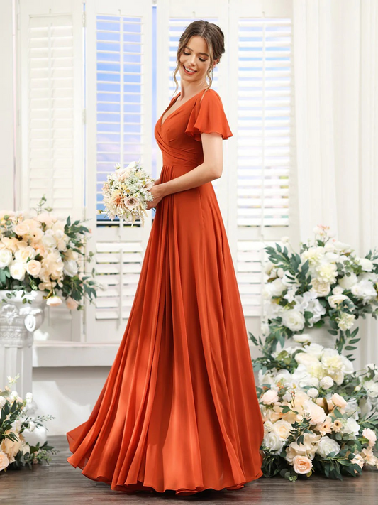 A-line V Neck Chiffon Bridesmaid Dress