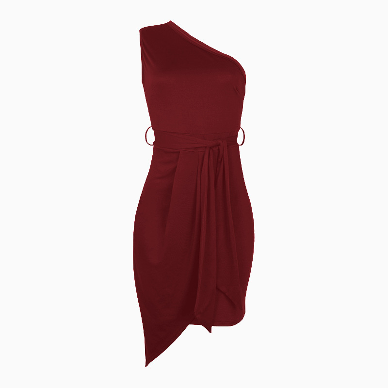 Oblique Shoulder Knotted Waist Mini Dress