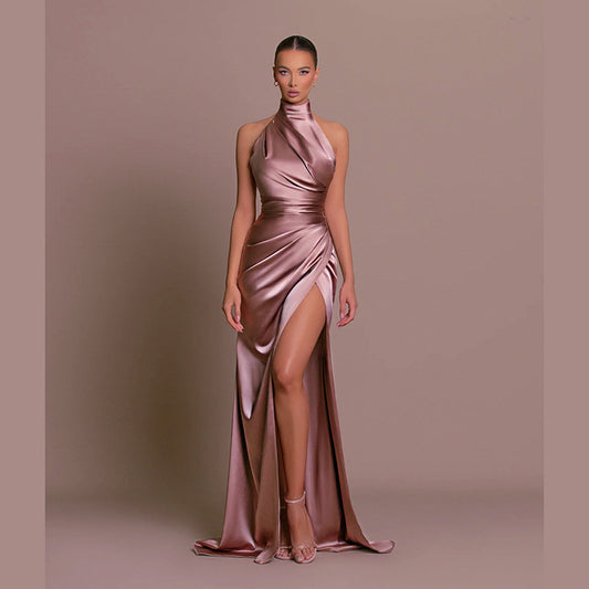 Pink High Neck Pleats Sleeveless Side Slit Satin Formal Prom Evening Dress