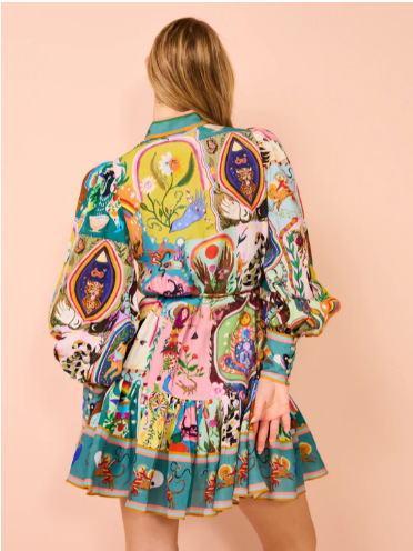 Unique Print Balloon Sleeve Button Shirt Mini Dress