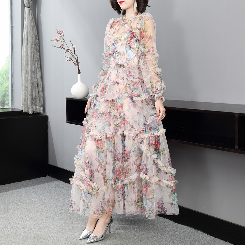 White Mock Neck Floral Long Sleeves Maxi Dress