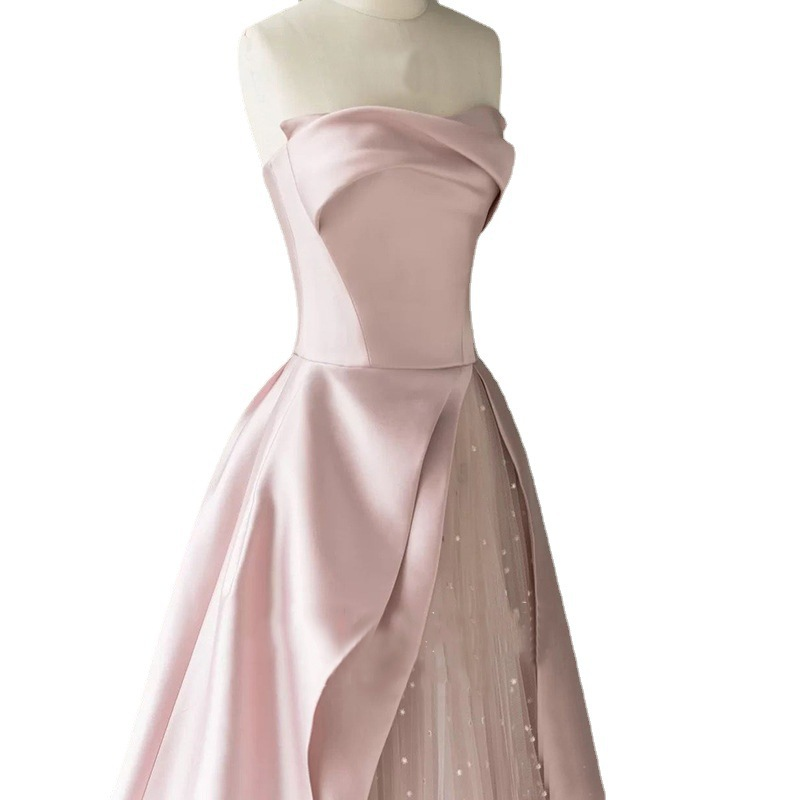 A-Line Strapless Sleeveless Floor-Length Satin Prom Dress