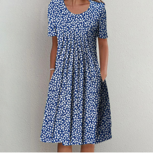 Navy Floral Printed Short Sleeves Casual Dress