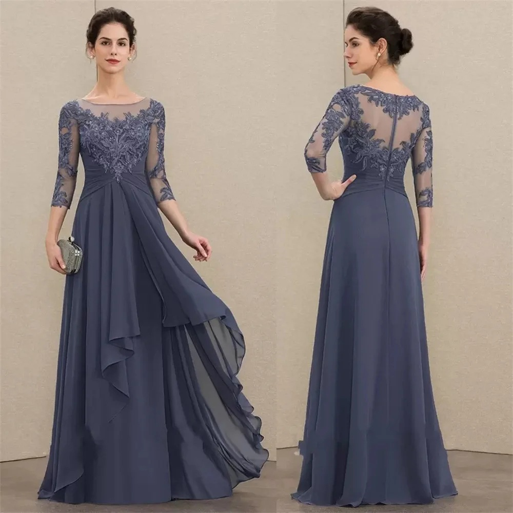 Half Sleeves Appliques Chiffon Floor-length Mother Of The Bride Dress