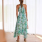 Light Cyan Floral Printed Cutout Neck Pleated Maxi Dress