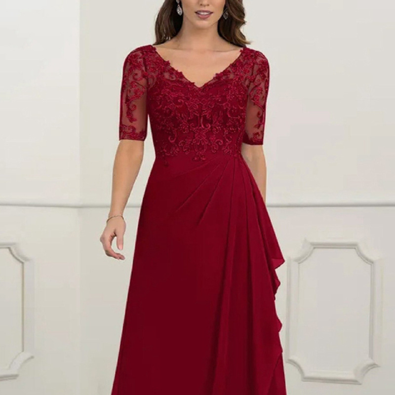 Lace V-Neck Short Sleeves Floor-length Mother of The Bride Dress