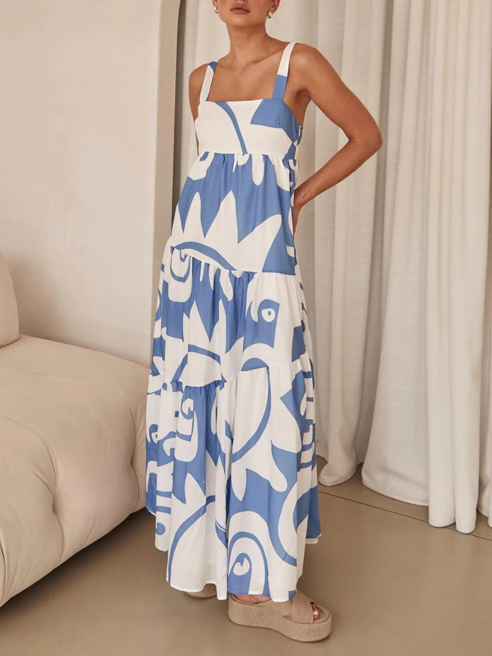 Bohemian Style Geometric Print Back Smocked Loose Maxi Dress