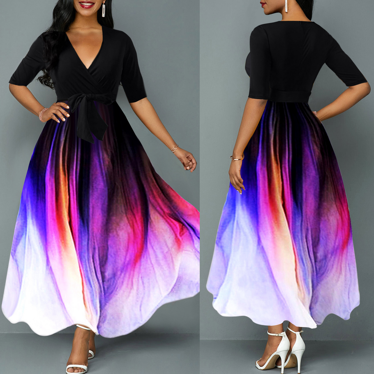 Deep V Neck Long Sleeves Belted Maxi Dress