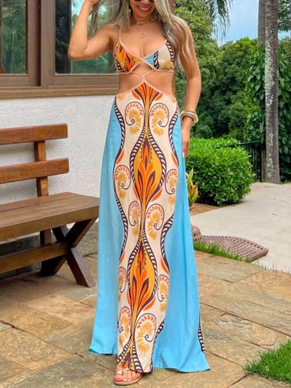 Printed Spaghetti Strap Sleeveless Cut Out Waist Maxi Dress