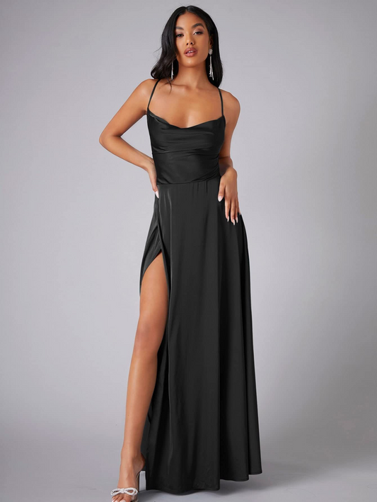 Crew Neck Sleeveless Satin Prom Dress