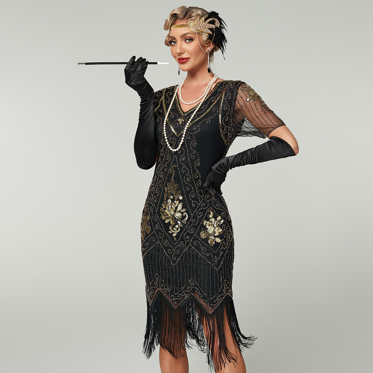 Sequin Short Sleeves Fringe Flapper Dress