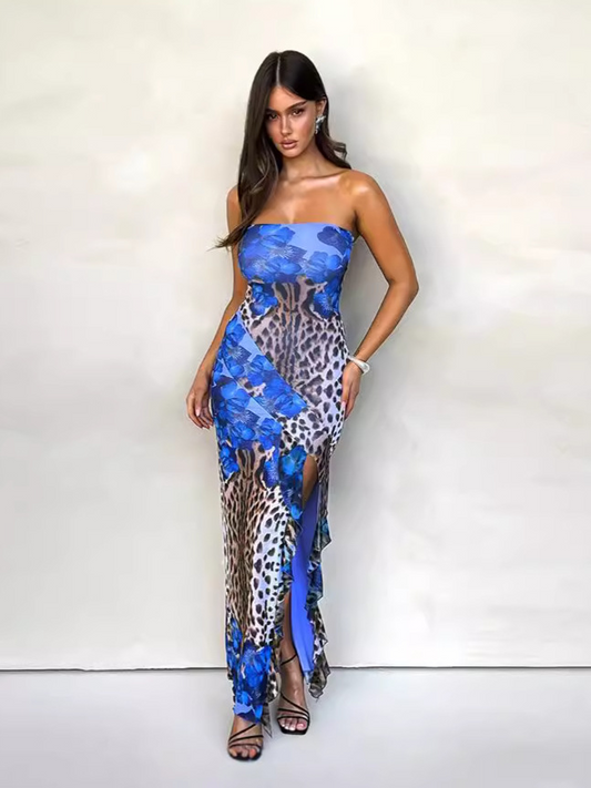 Blue Printed Strapless Sleeveless Maxi Dress