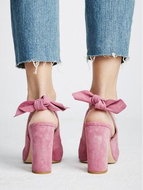 Pink Bow Suede Chunky Heel Commuting Slingback Pumps