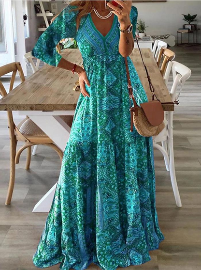 Casual V Neck Long Sleeves Printed Dress