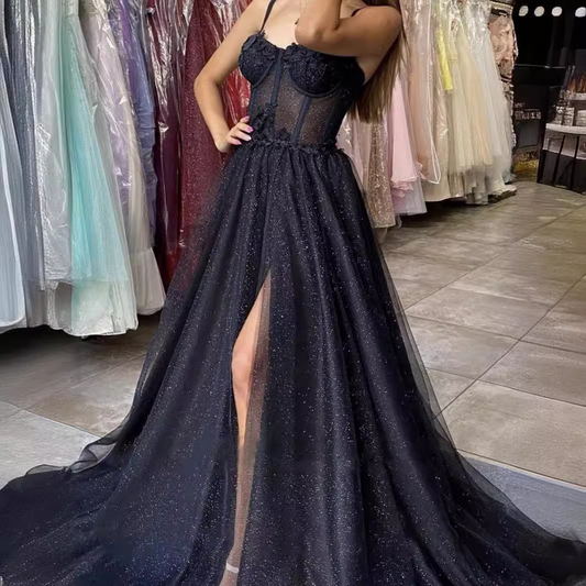 Black Sweetheart Sweep Train Appliques Lace Prom Dress