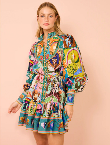 Unique Print Balloon Sleeve Button Shirt Mini Dress