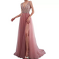 A-line V-neck Tulle Split Front Bridesmaid Dress