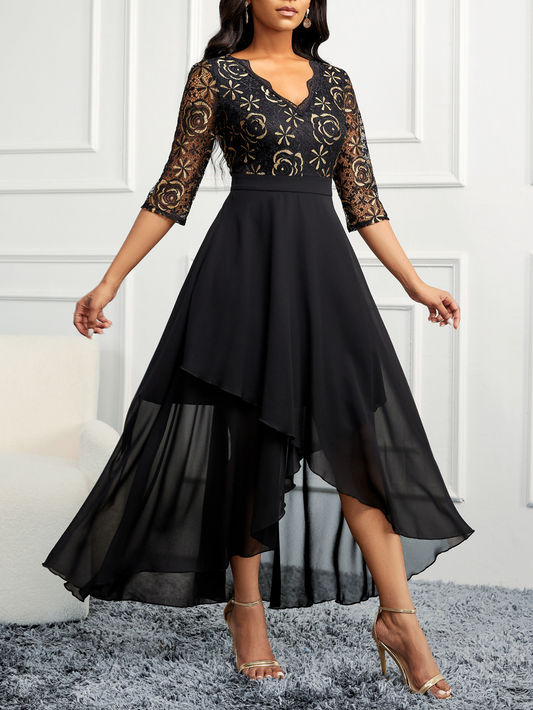 Black Lace V Neck Long Sleeves Midi Dress