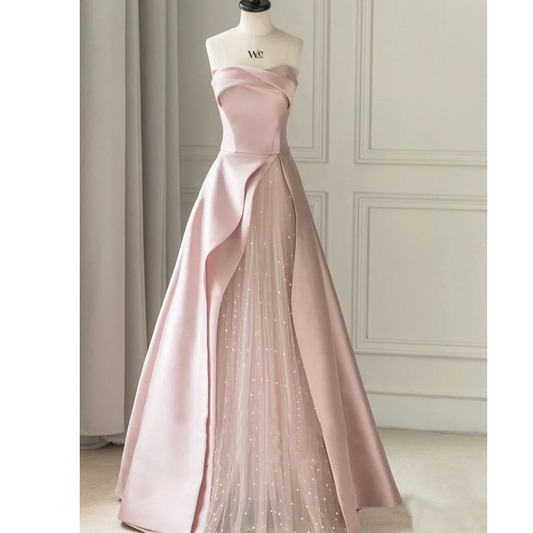 A-Line Strapless Sleeveless Floor-Length Satin Prom Dress