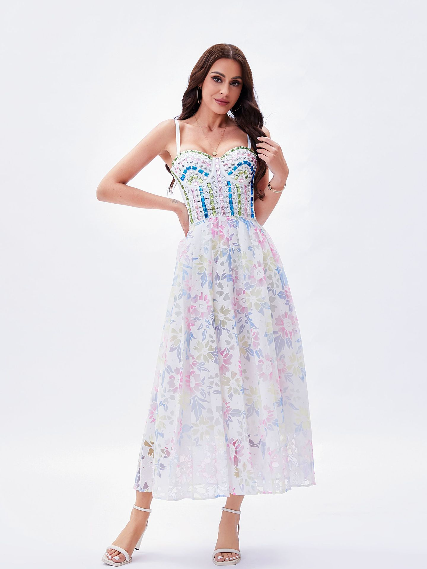 A-Line Spaghetti Strap Sleeveless Printed Maxi Dress