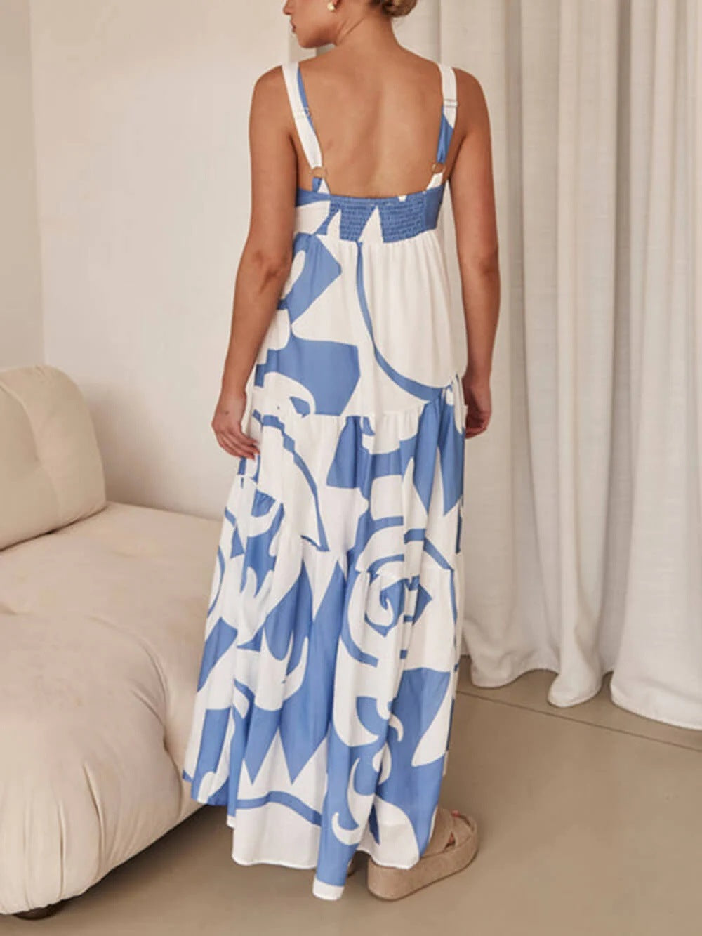 Bohemian Style Geometric Print Back Smocked Loose Maxi Dress