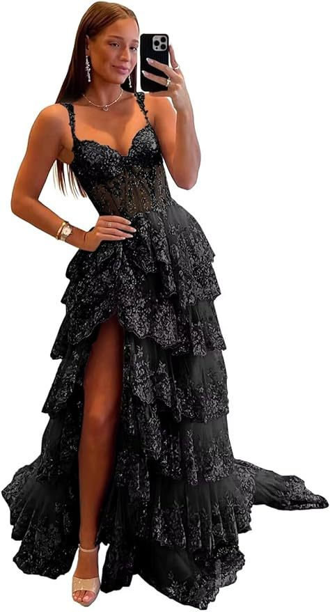 Applique Lace V-neck Tulle Sweep Train Prom Dress