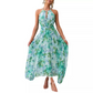 Light Cyan Floral Printed Cutout Neck Pleated Maxi Dress