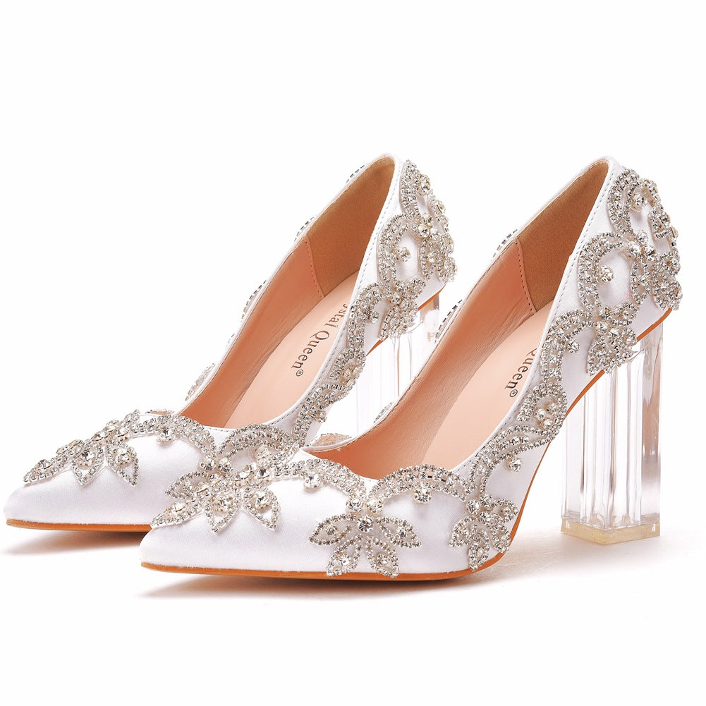 White Rhinestone Flowers Wedding Pumps Clear Chunky Heels Party Shoes