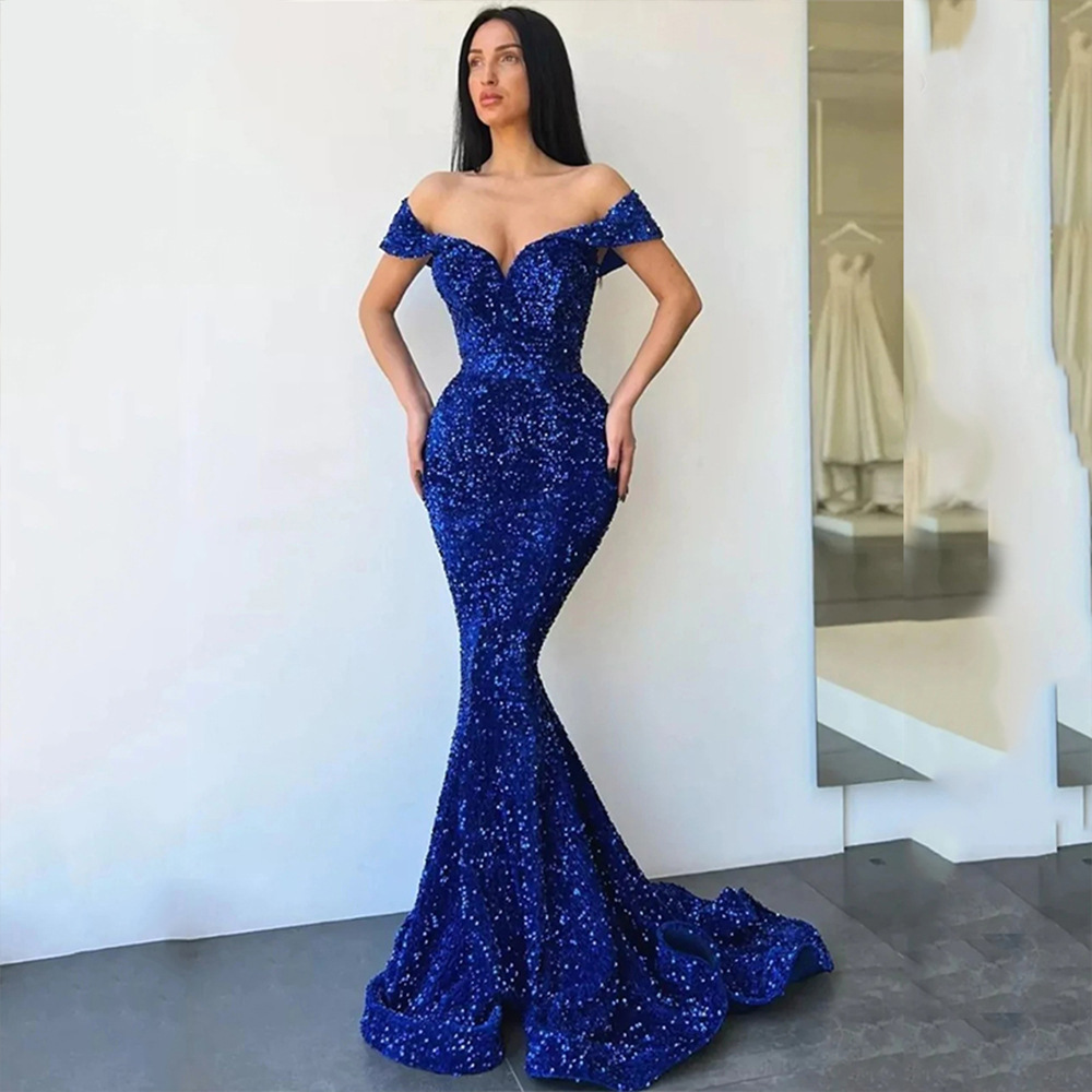 Royal Blue Off-The-Shoulder Sweetheart Evening Dress