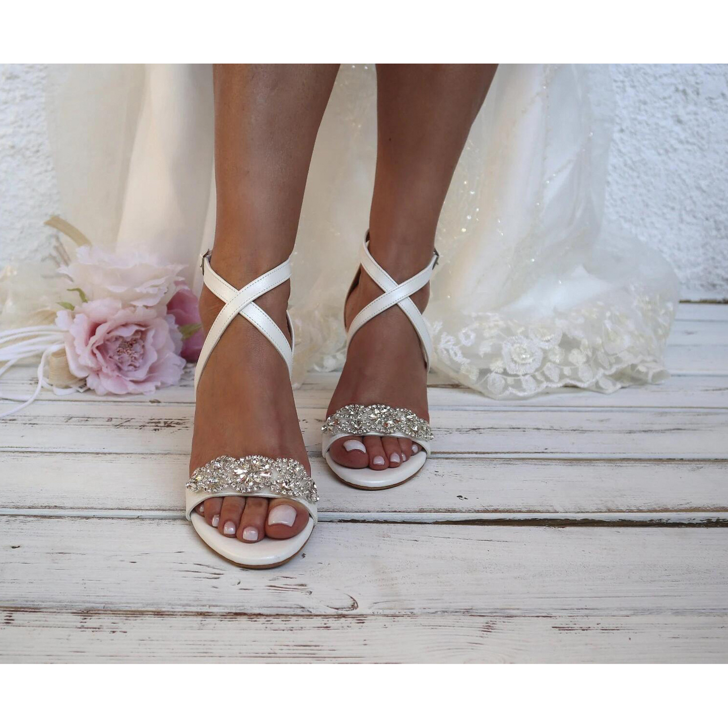 White Open Toe Rhinestone Detail Thick Heel Sandals