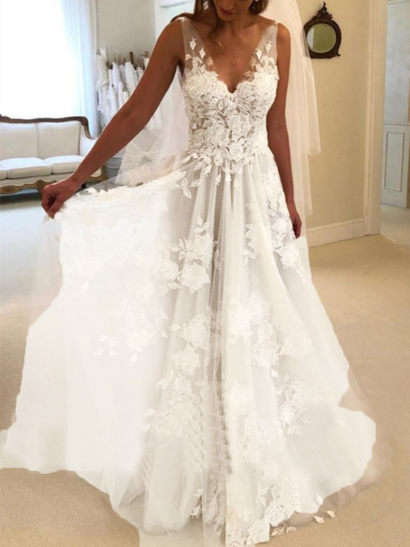 Lace Applique Deep V Neck Sleeveless Wedding Dress