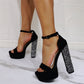 Black Glitter Open Toe Platform Chunky Heel Ankle Strap Sandals