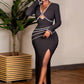 Black V-Neck Long Sleeves Jersey Evening Dresses With Split Front