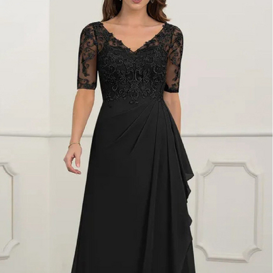 Lace V-Neck Short Sleeves Floor-length Mother of The Bride Dress