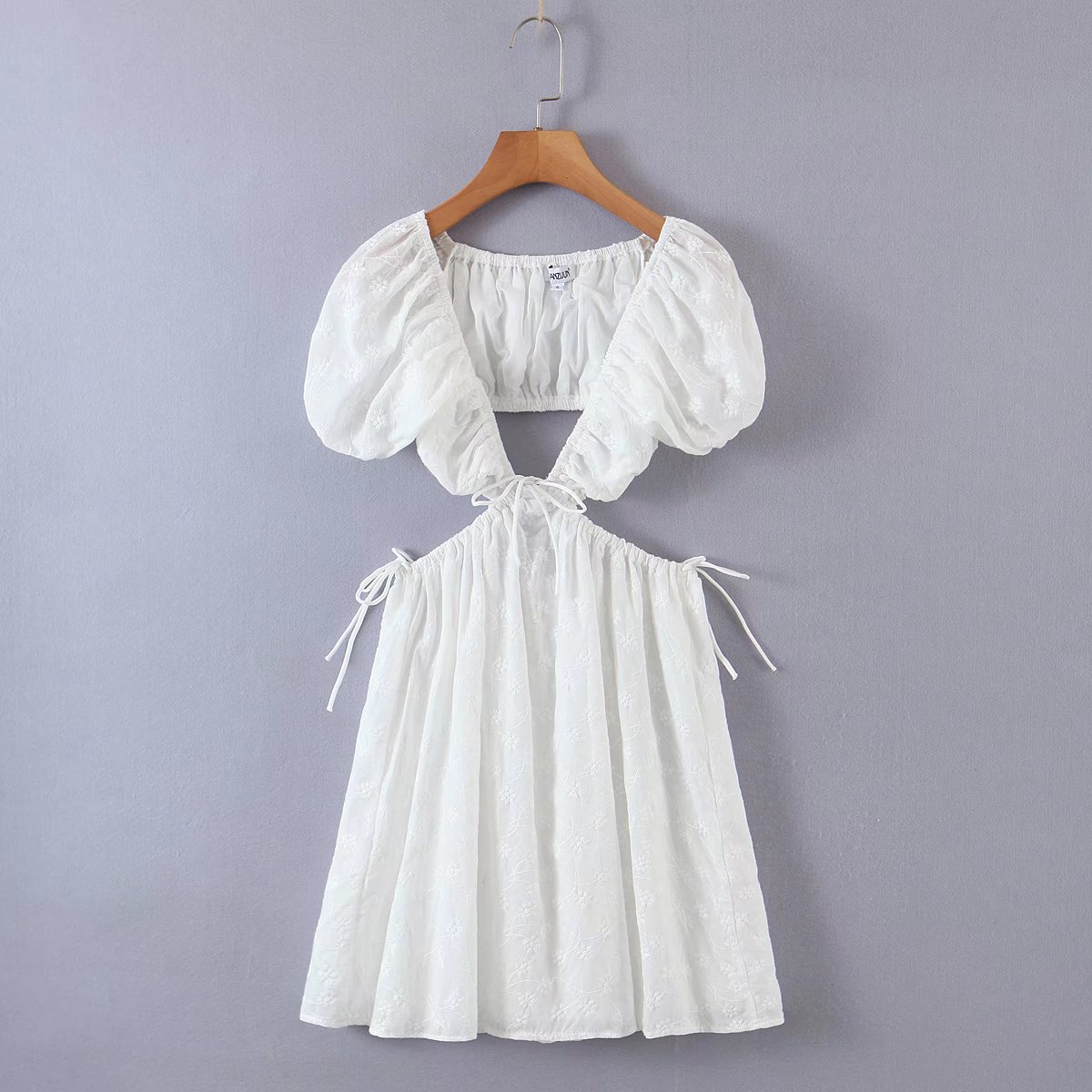 White Deep V Neck Puff Short Sleeves Cutout Waist Dress