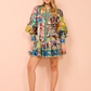 Unique Print Balloon Sleeve Button Shirt Mini Dress