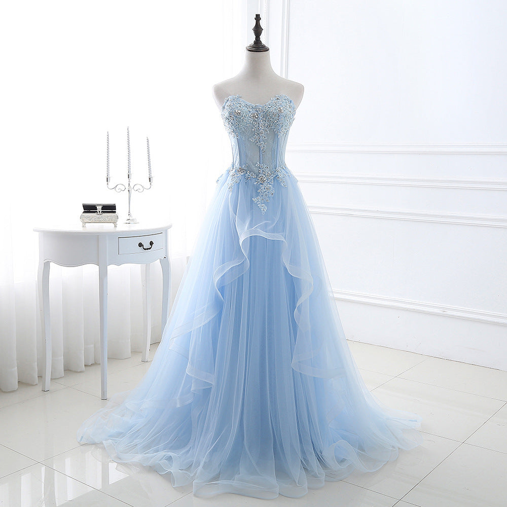 Princess Sweetheart Lace Tulle Sweep Train Appliques Lace Prom Dress