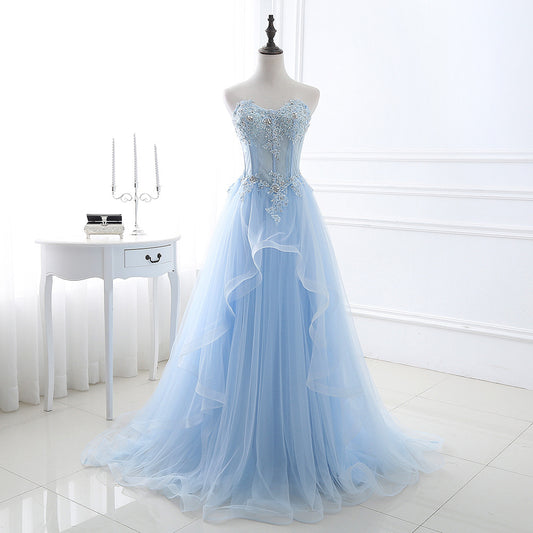 Princess Sweetheart Lace Tulle Sweep Train Appliques Lace Prom Dress