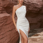 Oblique Shoulder Matte Satin Mother Of The Bride Dress With High Slit