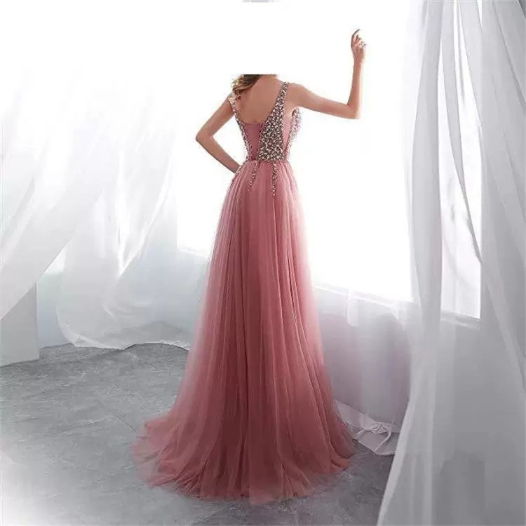 A-line V-neck Tulle Split Front Bridesmaid Dress